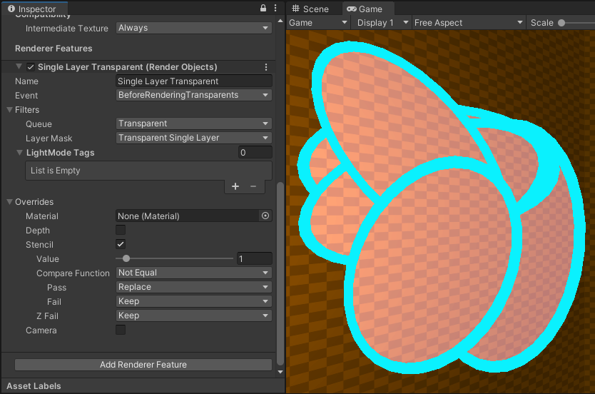 By configuring the stencil override, we can render objects in this layer to each pixel exactly once when overlapping